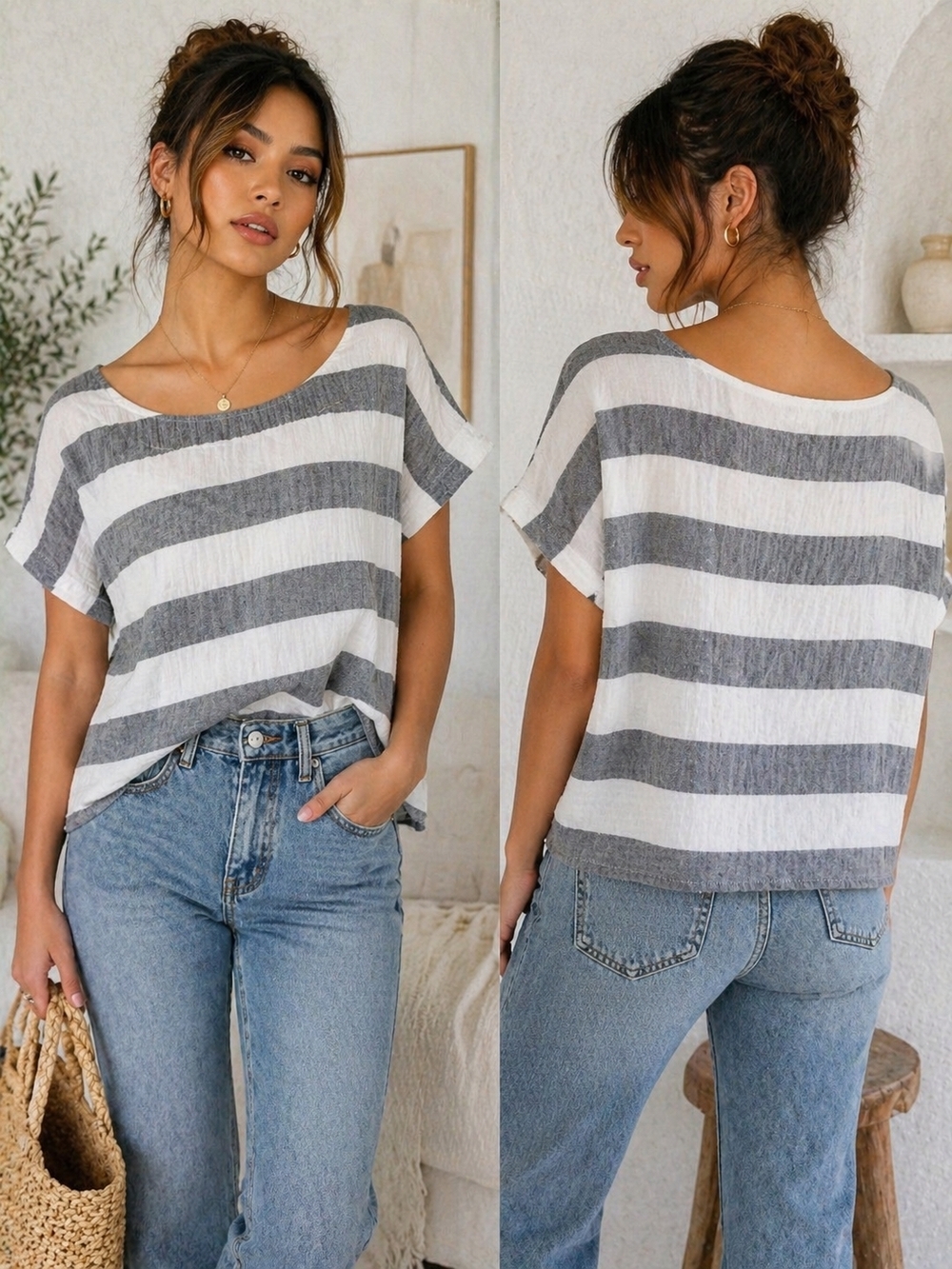 By Together Gray & White Striped Boxy Cotton Top | Casual Relaxed Fit Tee M